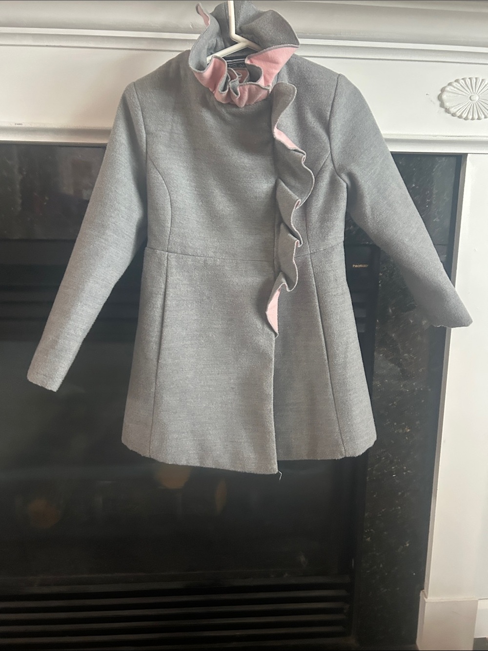 Rothschild Girls' Gray Pea Coat with Pink Ruffle Trim